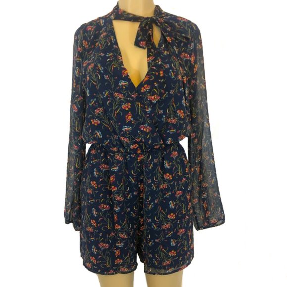 NWOT BCBGeneration Pussy Bow Romper XS 2 Long Sleeve Neck Tie Pocket Floral Navy - Picture 5 of 16